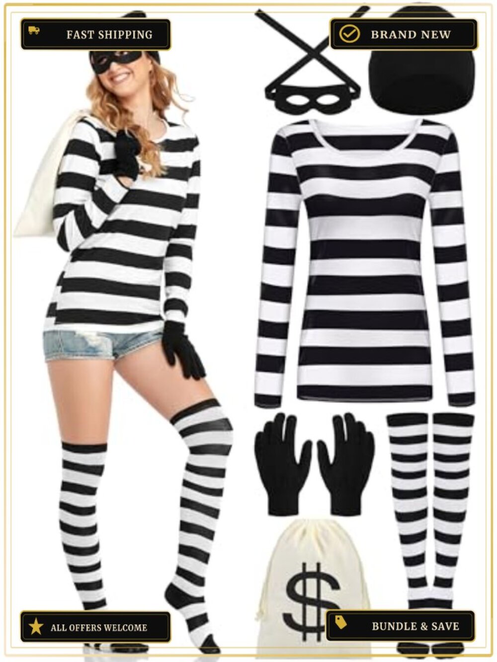 Robber Costume Set Striped Shirt Gloves Hat Money Bag Eye Patch Socks